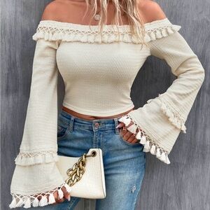 SHEIN Cream Off-Shoulder Sweater with Tassels